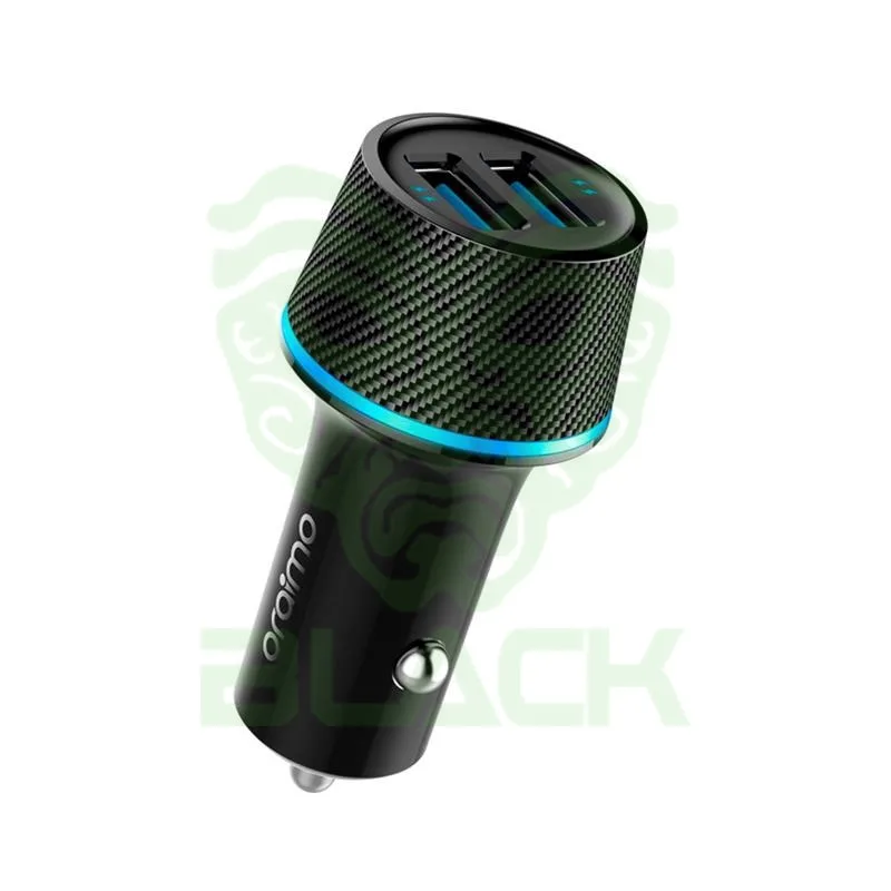CARGADOR AUTO ORAIMO 2 USB + CABLE LIGHTNING & MICRO USB NEGRO