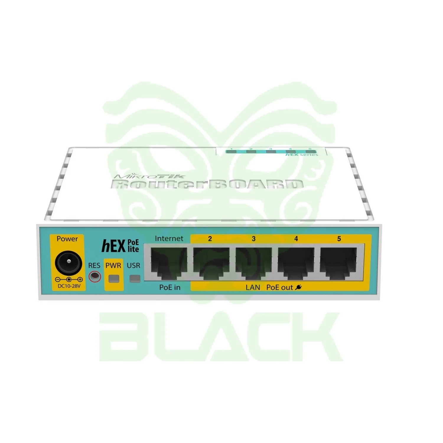 FUENTE HEX POE LITE WITH 650MHZ CPU, 64MB RAM, 5XLAN (FOUR WITH POE OUT), USB, ROUTEROS L4, PLASTIC CASE AND PSU