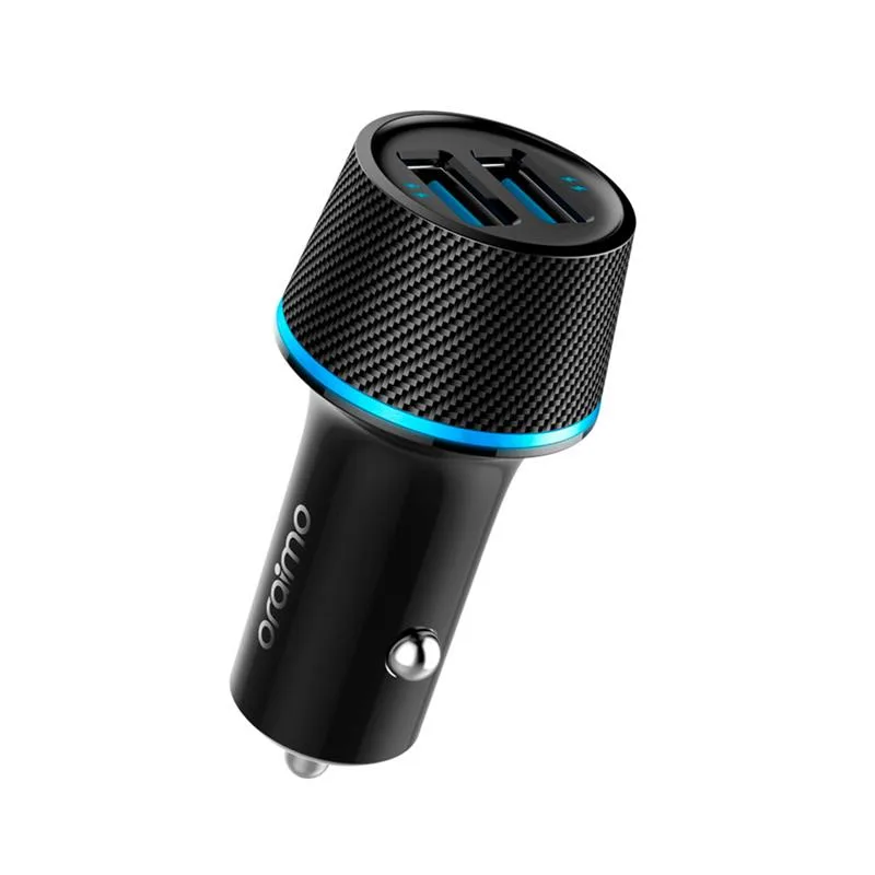 CARGADOR AUTO ORAIMO 2 USB + CABLE LIGHTNING & MICRO USB NEGRO