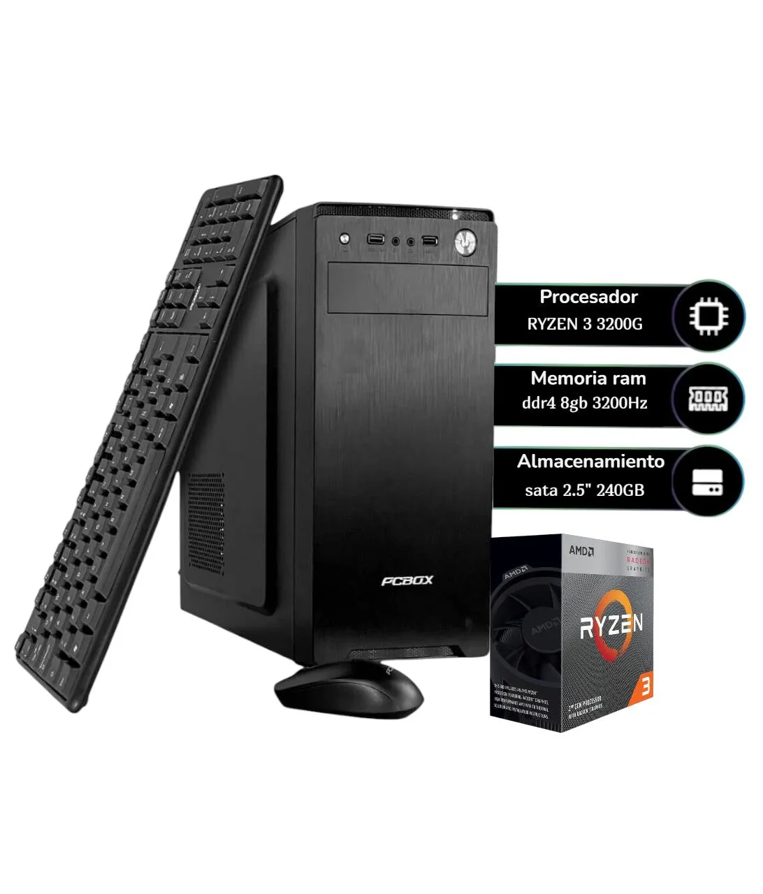 PC PCBOX AMD RYZEN 3 3200G 8GB SSD 240 GB W11HSL KIT TECLADO MOUSE