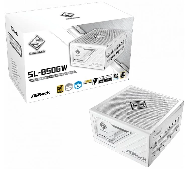 FUENTE 850W ASROCK 80+ GOLD STEEL LEGEND WHITE FULL MODULAR ATX 3.1 PCIE 5.1 CYBENETICS PLATINUM