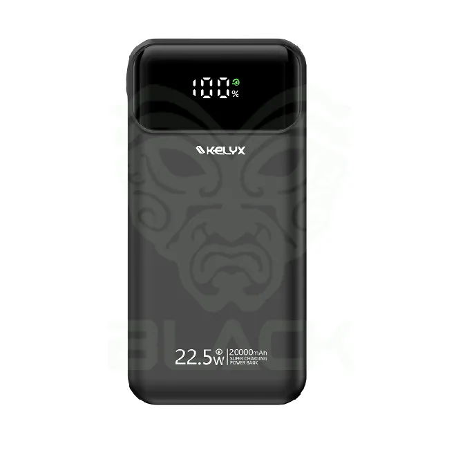 POWER BANK KELYX SLIM 20000 MHA TYPE-C+USB+LIGHTNING FAST CHARGE 22.5W BLACK