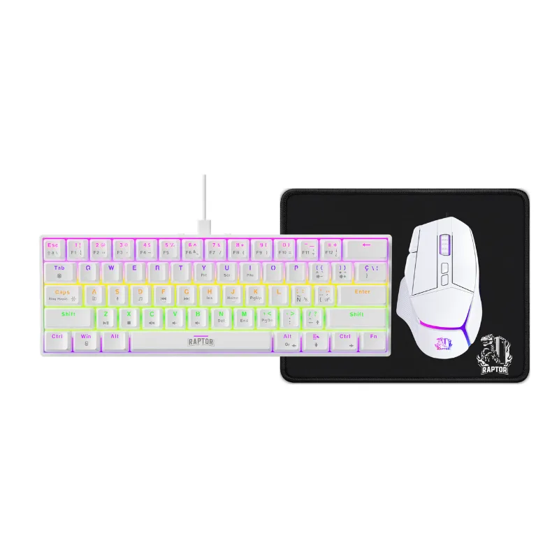 COMBO GAMER RAPTOR TECLADO MECÁNICO 68 TECLAS WHITE + MOUSE RGB 8000DPI WHITE + MOUSE PAD S