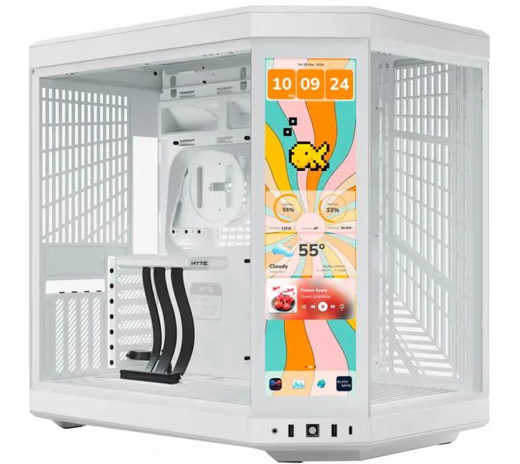 GABINETE HYTE Y70 TOUCH INFINITE SNOW WHITE VIDRIO TEMPLADO PANTALLA TACTIL 2.5K LCD IPS 60HZ INC. CABLE RISER PCIE 4X16 USB-C 3.2
