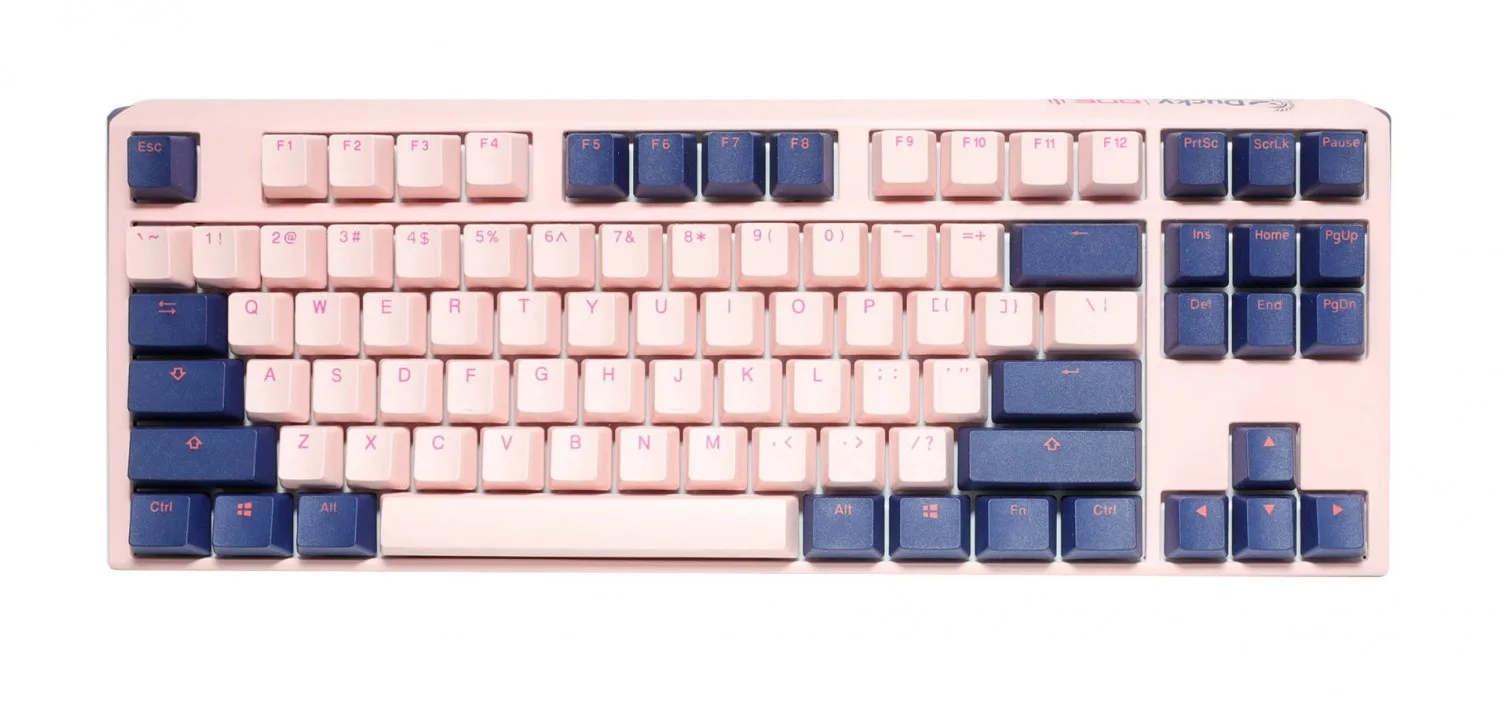 TECLADO MECANICO DUCKY ONE 3 TKL FUJI TECLAS DE COLOR ROSA Y AZUL MARINO BLUE INTERRUPTOR INGLES PBT DOBLE DISPARO SIN COSTURAS ESTUCHE SUPERIOR ROSA