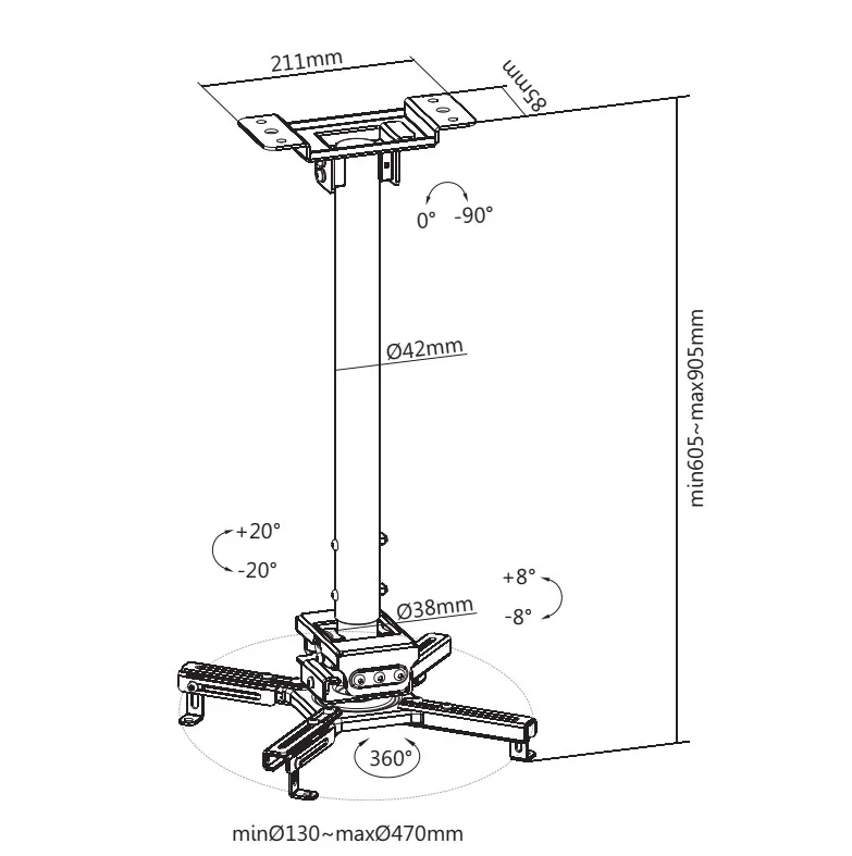 SOPORTE INTELAID PROYECTOR TECHO MAX 35KG DIST 605 A 905MM IT-WC13