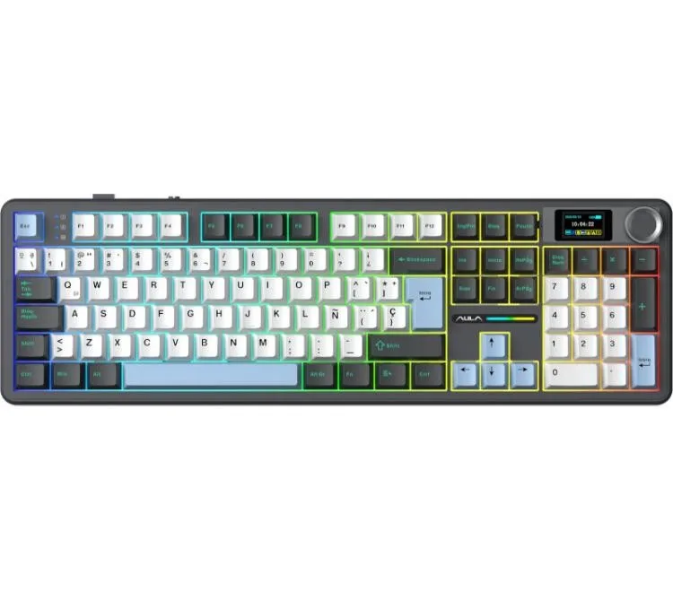 Teclado Mecanico Aula F108 Pro Wireless 2.4GHz Bluetooth 5.0 Pantalla Lcd White/Blue/Black RGB 76hs Usb-c