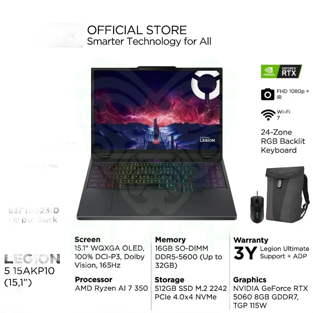 NOTEBOOK LENOVO LEGION 5 15AKP10 15.1" OLED WQXGA AMD R7 IA 350 16GB DDR5 5600MHZ 512GB NVME RTX5050 8GB GDDR7 W11H+SLOT LIBRE