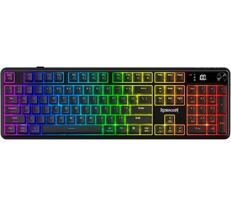 TECLADO REDRAGON MECA-MEMBRANA VOLCANO K526 PRO WIRELESS 2.4GHZ BLUETOOTH 5.0 RGB LCD FULL SIZE