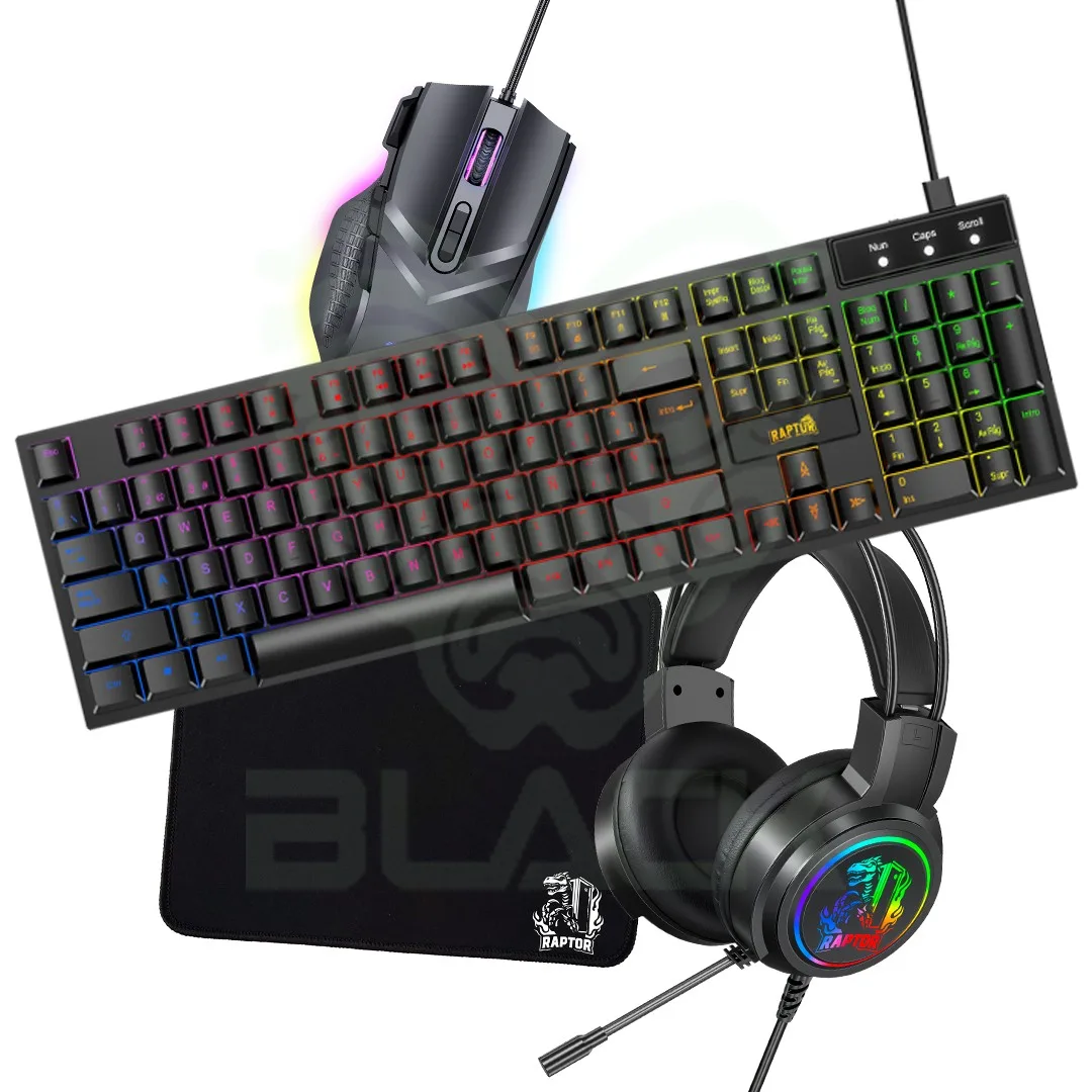 COMBO GAMER RAPTOR TECLADO MEMBRANA 104 TECLAS + MOUSE RGB 7200DPI + MOUSE PAD S + AURICULAR 3.5