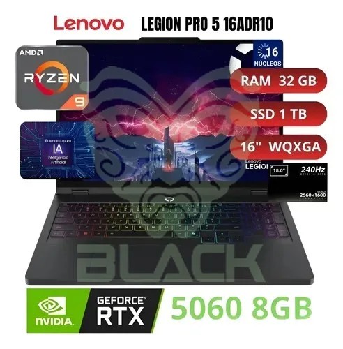 NOTEBOOK GAMER LENOVO LEGION PRO 5 16ADR10 16" AMD RYZEN 9 8945HX 32GB DDR5 SSD 2TB RTX 5070 8GB FREE DOS 83LT0097AR