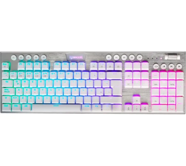 TECLADO MECANICO REDRAGON HORUS K618W RGB WIRELESS WHITE LOW PROFILE SWITCH RED