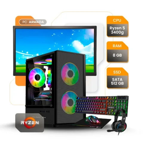 PC GAMER AMD RYZEN 5 3400G 8GB SSD 480GB A520 600W GAB SOLARMAX CM-B6201 + MONITOR 22" Y TEC, MOU, AURI Y PAD GAMER