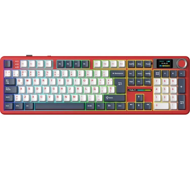 Teclado Mecanico Aula F108 Pro Wireless 2.4GHz Bluetooth 5.0 Pantalla Lcd Red/Darkblue/White RGB 76hs Usb-c