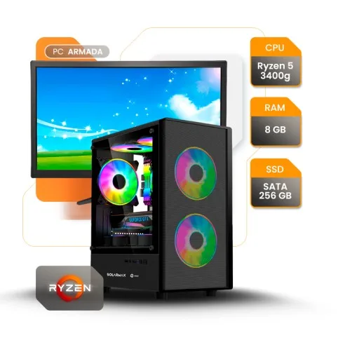 PC GAMER AMD RYZEN 5 3400G 8GB SSD 480GB A520 600W GAB SOLARMAX CM-B6201 + MONITOR 22"